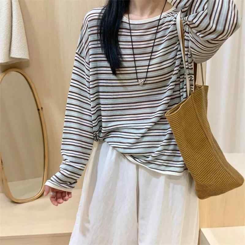 Other - 夏 レディース 防晒 ニット トップス 長袖 Tシャツ ルーズフィット ビッグシルエット 慵懒風 ビンテージ 撞色 条紋 柄 ポリエステル 混紡 ストレッチ 薄手 快適 ゆったり 日常使い 春夏 秋 涼感 機能性 ブラック グレー ピンク系