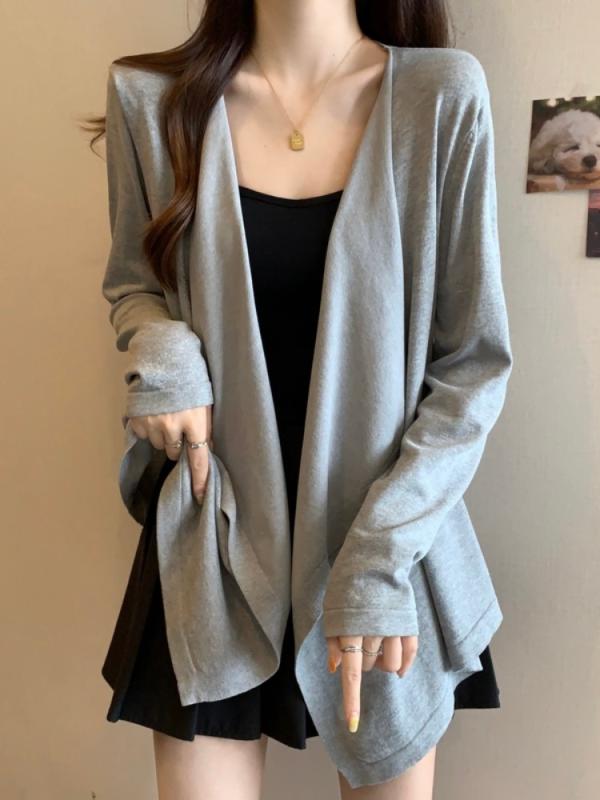カーディガン レディース 春夏 接触冷感 薄手 長袖 ポロカラー 開き シングルボタン ゆったりシルエット ミドル丈 ニット ジャケット 吸湿速乾 軽量 防風 普段使い 通勤 部屋着 グレー ブラック ベージュ デニム 再生繊維 ゆったり スリム 女性