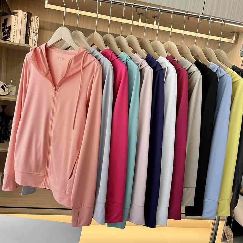 レディース 防晒 フーディ 薄手 接触冷感 吸湿速乾 長袖 ジップアップ カーディガン ジャケット 直筒型 牛角袖 原宿風 日韓カジュアル 夏用 透け感 軽量 雲白 岩灰 海塩青 泡緑 橙 琥珀黒 梅紅 柚黄 苺粉 豆粉 水墨灰 月紫 冰咖棕