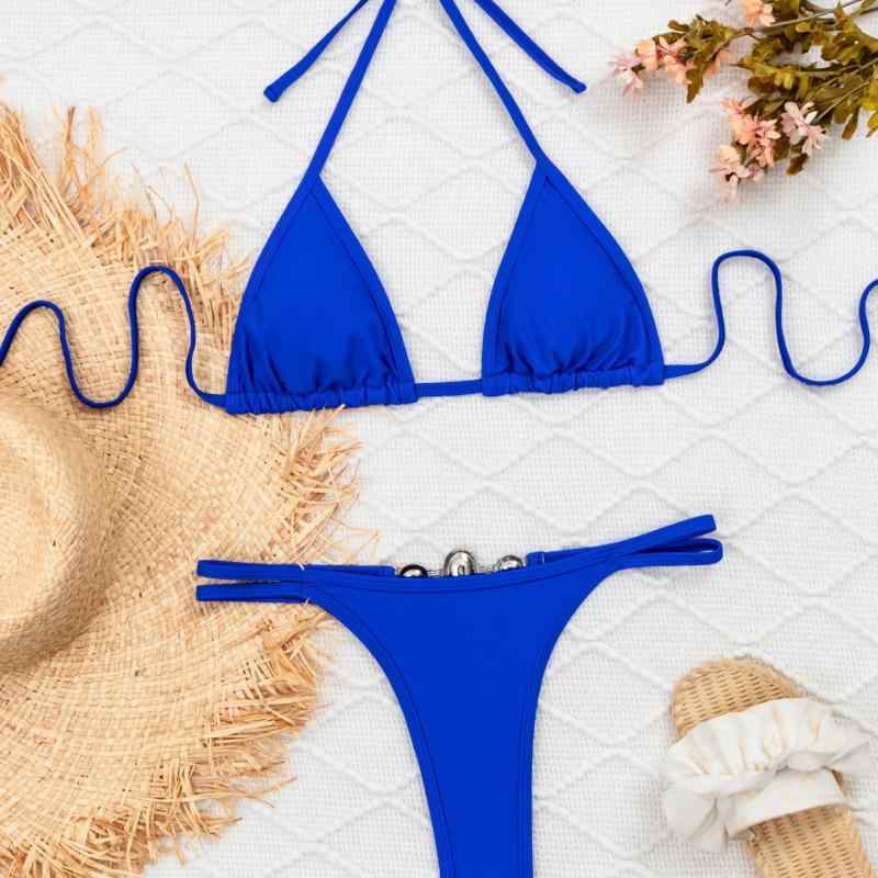 レディース ビキニ セクシー トリプルカップ タンガボトム ビーチウェア 女性用 泳装 宝藍色 無袖 ニット ナイロン ポリエステル スパンデックス 接触冷感 軽量 伸縮性 吸湿速乾 ハイウエスト ビッグシルエット Vネック 夏用 春夏 秋夏 通勤以外