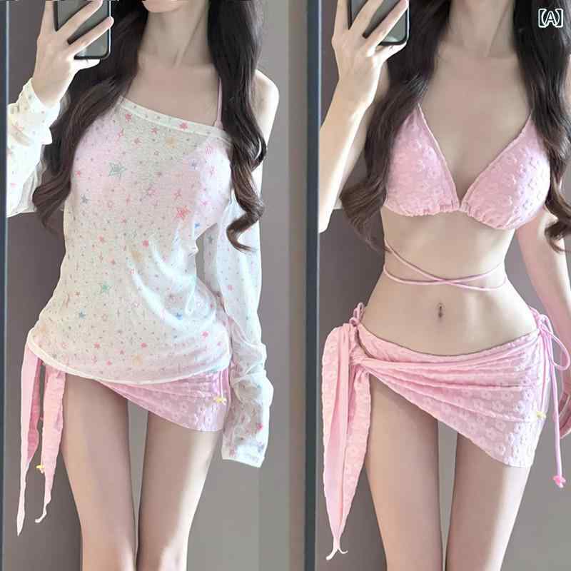 レディース ビキニ セット 長袖 防紫外線 トップス スイムウェア 女性用 プール 海辺 バカンス ピンク イエロー ポリエステル 速乾 伸縮性 接触冷感 セクシー ピュア スタイル ビーチ スイムスーツ 夏 紫外線対策 軽量 吸湿