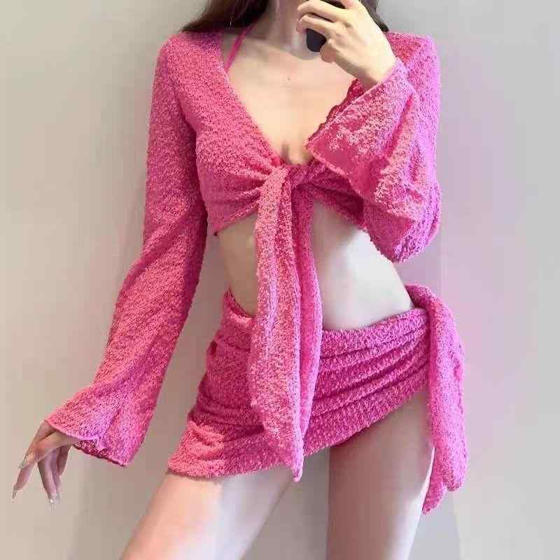 レディース ビキニ 4点セット 水着 開襟 ピンク 長袖 スイムウェア セクシー ハイウエスト 修身 耐久 純色 背中開き 胸パッド 無ワイヤ..
