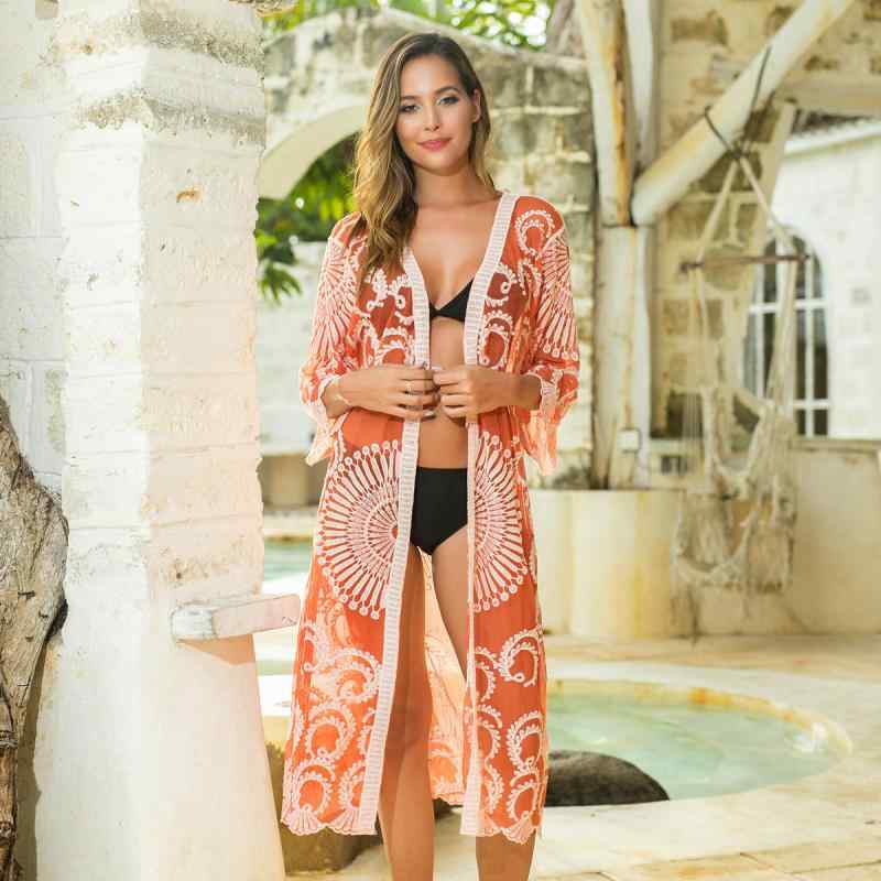 ビキニ ワンピース ドレス レディース 女性用 ビーチ 外 ガウン 防紫外線 開き カーディガン 橙色 ネット 白花柄 綿混紡 素材 接触冷感..