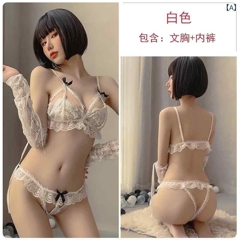 シャドーテールのレディース セクシー レース ブラセット 3点式 ビキニ インナー 超薄型 ノンワイヤー 無肩ストラップ 接触冷感 綿混 麻混 再生繊維 ホワイト ブラック ストッキング付き 夏用 軽量 吸湿速乾 かわいい デザイン 情趣 下着 トップス ショーツ 機能｜アングル2
