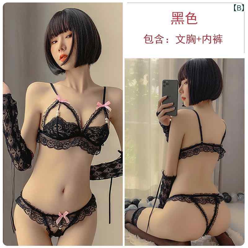 シャドーテールのレディース セクシー レース ブラセット 3点式 ビキニ インナー 超薄型 ノンワイヤー 無肩ストラップ 接触冷感 綿混 麻混 再生繊維 ホワイト ブラック ストッキング付き 夏用 軽量 吸湿速乾 かわいい デザイン 情趣 下着 トップス ショーツ 機能｜アングル3