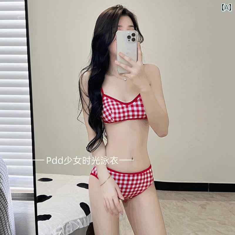 Rakuten - ビキニ 女性用 レディース セパレート 水着 4点セット 赤白 格子柄 高腰 速乾 セクシー タイト 背中開き 高伸縮 耐久性 小清新 復古 ポルカドット 保守的 接触冷感 ニット ポリエステル 裏地 無袖 三角パンツ ビーチ 度假 夏 海 スイム プー