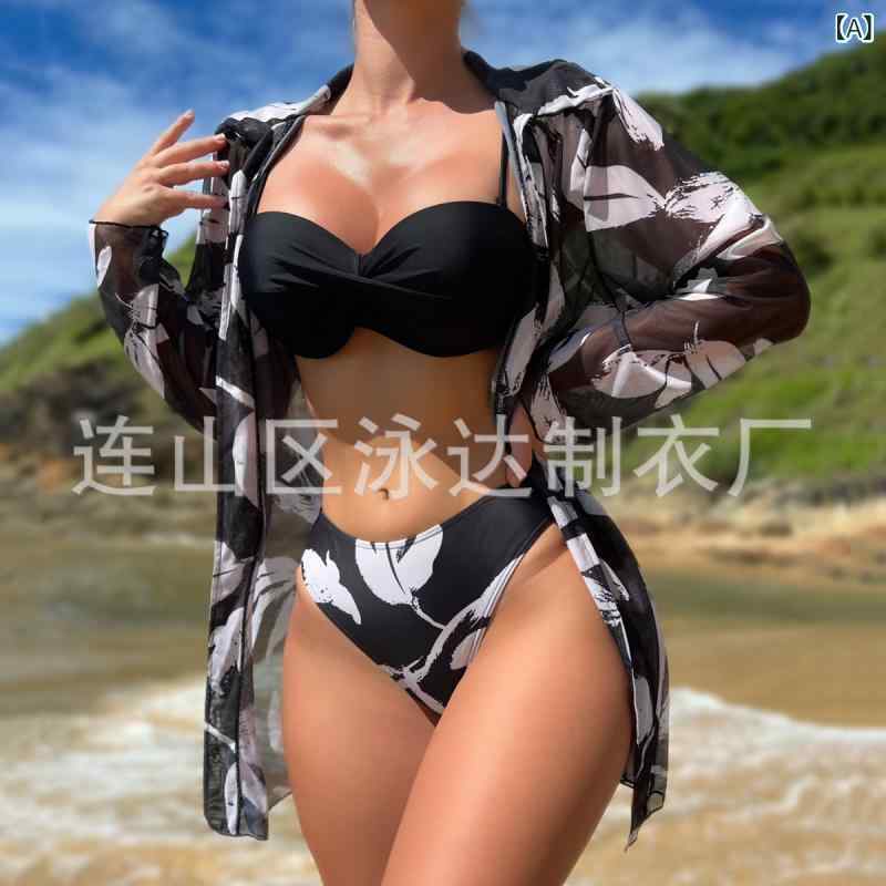 Two-Piece - ビキニ 女性用 セクシー プリント 三点セット 速乾 切り替え デザイン ブラ ボトム トップス 接触冷感 ポリエステル 軽量 伸縮性 ブラック ブルー ピンク系 ハイウエスト ビッグシルエット Vネック プール ビーチ スイムウェア アクティブ スポー