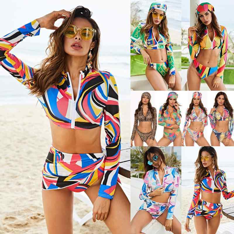 Women's Long-Sleeve Bikini Separates Swimwear Set - Hot Springs, Surfing, Rash Guard, Sexy 3-Piece Set - Full Coverage, Waist Pullover Top, Bottom Shorts - Stretchy, Quick-Drying, Polyester Spandex - Fitness, Yoga