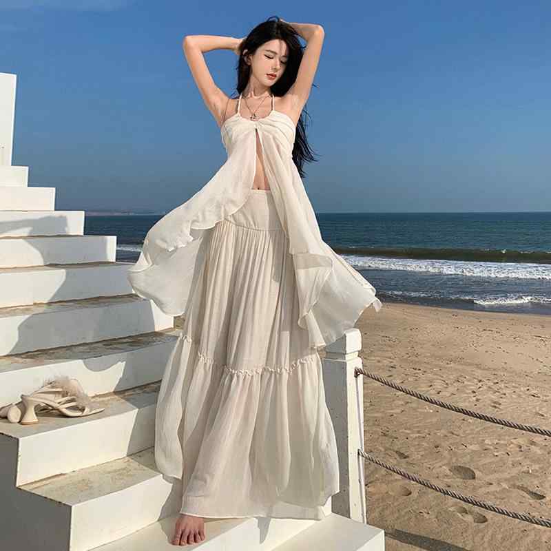 ボーダー｜ワンピース セット 女性用 米白色 長丈 吊り帯 ブラウス 半身スカート 2点セット ...