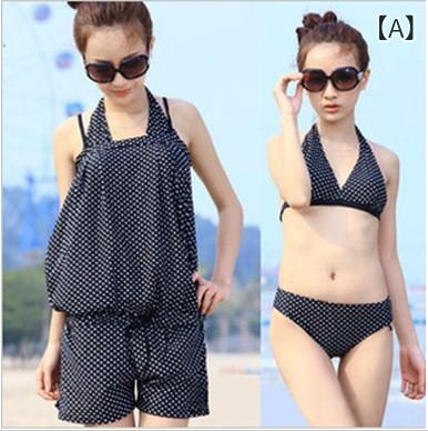 ビキニ 女性用 三点セット 復古 ポルカドット 温泉 保守 スイムウェア 接触冷感 ナイロン アウトドア ブラック 無袖 ハイウエスト 伸縮..