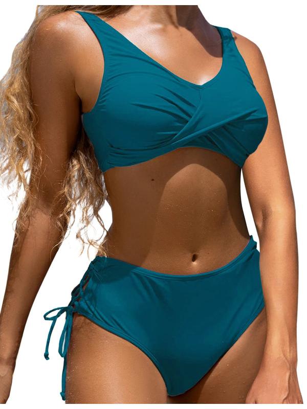 レディース ビキニ セパレート スイムウェア 純色 クロス ストラップ 高腰 デザイン 接触冷感 ポリエステル 素材 無鋼托 胸パッド 付属 ブラック ワインレッド ライトパープル ブルー ブラウン グリーン カラーバリエーション 夏用 スイミング アク