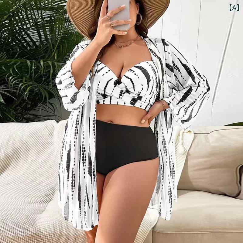 レディース ビーチウェア 長袖 ビキニ 水着 3点セット 防晒 プリント セクシー ファッション セパレート ビッグサイズ ネット生地 プラスサイズ 女性用 プール ビーチ 遊び 白色 ポリエステル スパンデックス 伸縮性 速乾 環境配慮 快適 スタイリ