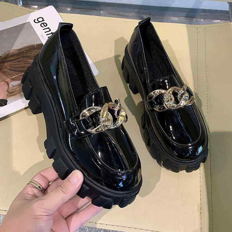 レディース ローファー 厚底 丸トゥ チェーン ストラップ メアリージェーン シューズ 女性用 韓風 イングリッシュスタイル 春用 PU素材 ラバーソール 粗ヒール 6-8cm高さ 純色 ブラック 光沢 アジア光沢 軽量 通勤 普段使い 伸縮性 吸湿速乾