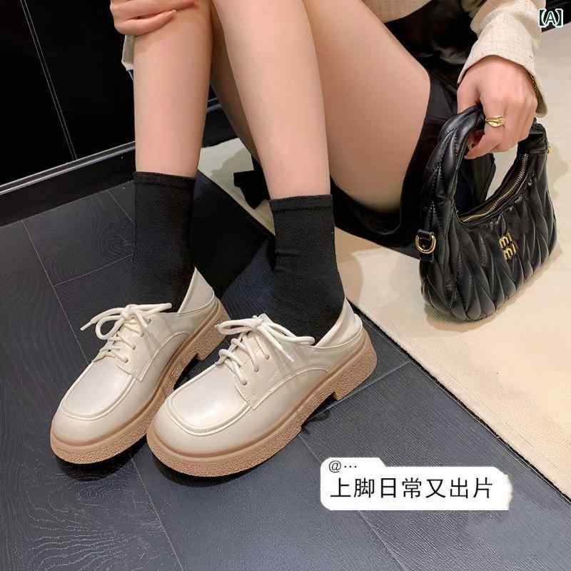 Rakuten - 女性 ローファー 靴 真皮 牛革 厚底 中底 粗底 ローヒール 3-5cm ラウンドトゥ 低幫 深口 前系帶 バックル 防水台 英倫風 日系 JK 学生服 制服 黒 杏色 ブラウン 通年 日常 普段使い 百搭 汎用 軽量 通気性 伸縮性 吸湿速乾 接触冷