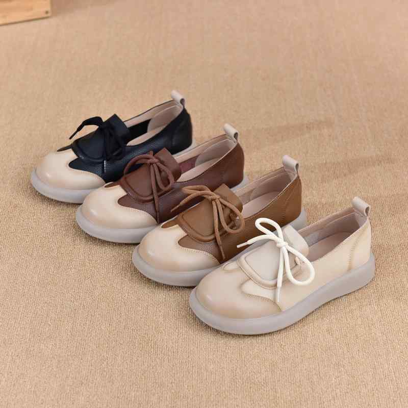 女性用 フラットシューズ ローファー 真皮 切り替え ソフトソール ローカット 丸トゥ 牛皮 低フォール 1-3cm 純色 ブラック 米色 ブラウン カーキ ラバーソール マイクロファイバー内張り 粘着製法 筒抜け着脱 日常使い 浅口 春夏秋冬 通年対応