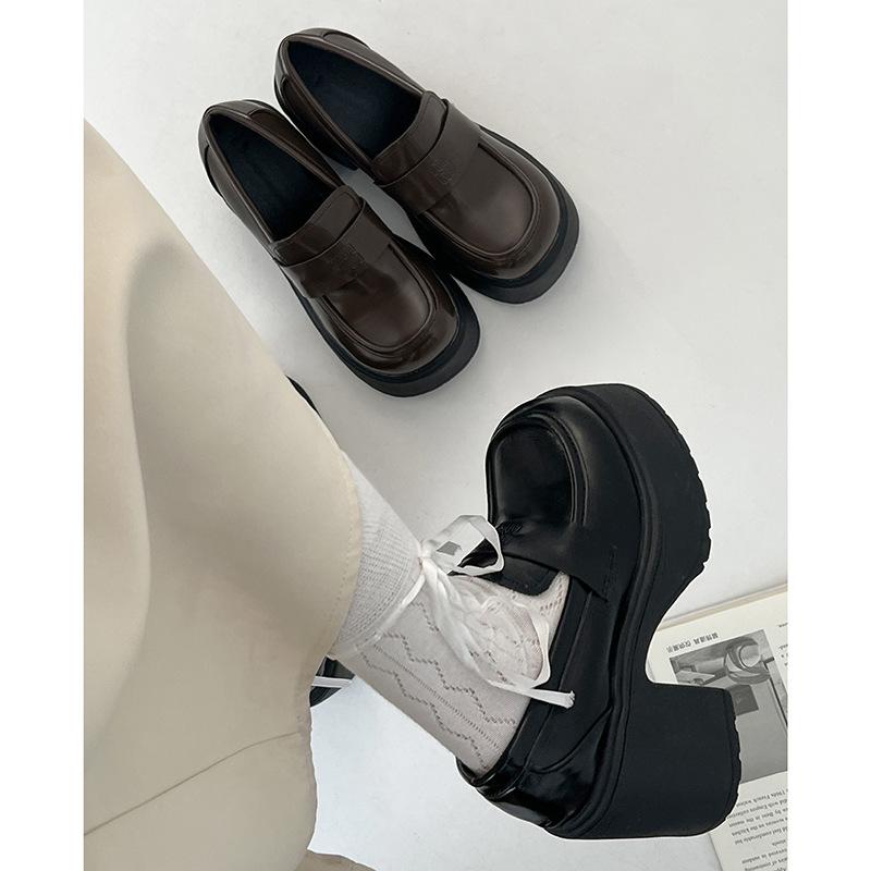 レディース ローファー メアリージェーン シューズ ハイヒール 9cm 粗跟 英国風 復古 光沢レザー ブラウン ブラック 純色 日常使い 通..