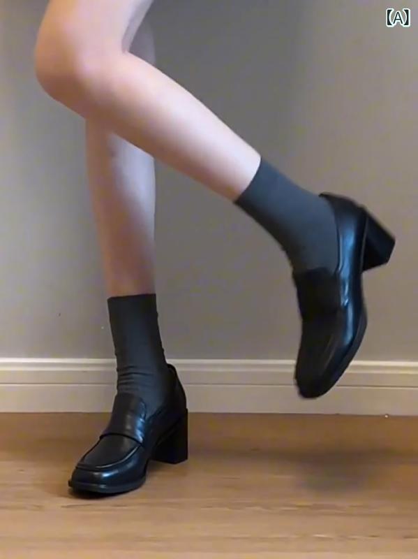 Women'S Shoes - レディース 粗跟 ローファー 黒 メアリージェーン 靴 丸トゥ 低幫 牛革 素材 ラバー ソール 接触冷感 ライニング 春夏 秋 シーズン 履き やすい 丸み デザイン 復古 イングリッシュ スタイル カジュアル 普段使い 足元 おしゃれ アイテム