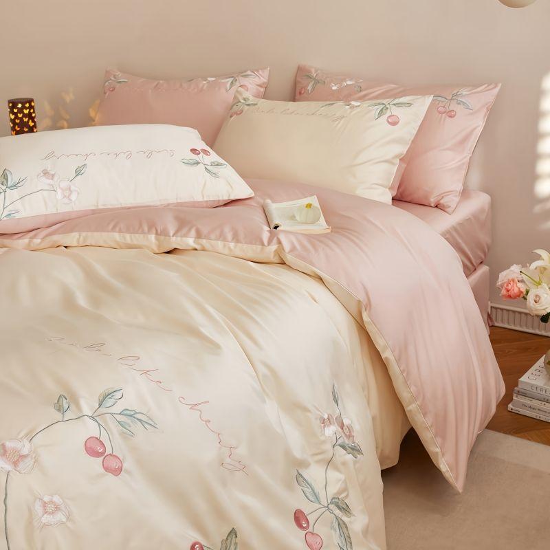 ベビー 寝具セット 長繊維綿 全コットン 刺繊刺繍 被套 ベッドカバー シーツ ピローケース 母婴級 肌触り良い 柔らかい 吸湿性 速乾 植物花柄 単色 現代 シンプル ナチュラル ピンク グリーン ベージュ 赤ちゃん用 肌に優しい 通年使用 寝心地抜群