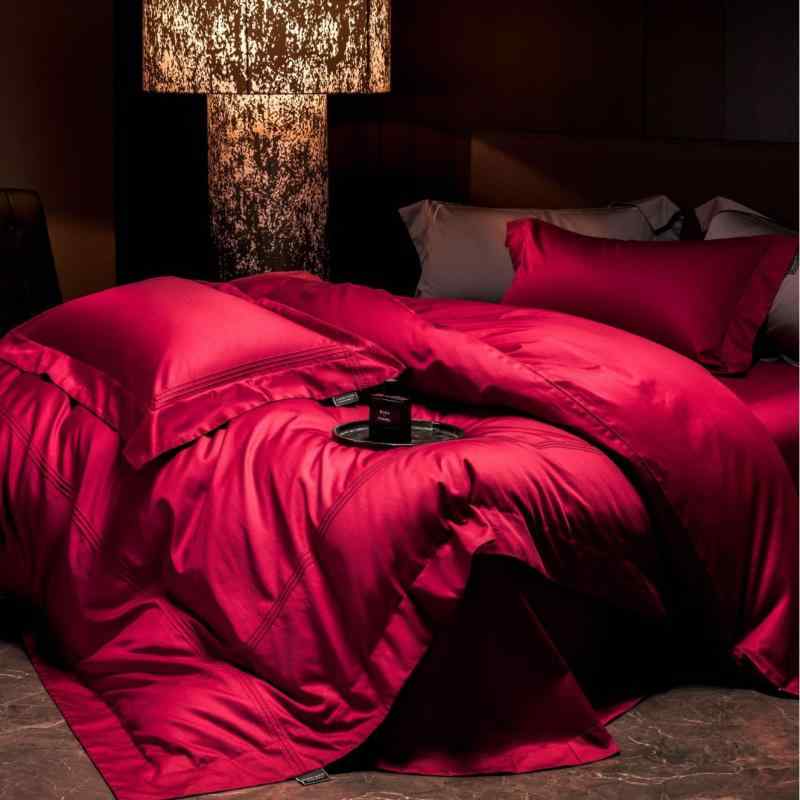 Bed - ベッドリネン 四件セット 純綿 長繊維綿 赤 結婚式 シンプル 埋め込みロープ 軽量 平紋織り 活性染色 ラムレッド ベッドシーツ 枕カバー 掛け布団カバー 通年使用 柔らかい肌触り 吸湿性 通気性 高級感 寝室インテリア