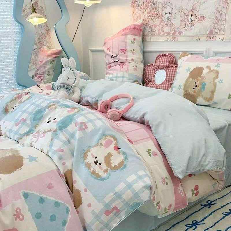 子供 ベッドカバーセット プリンセス風 かわいい カードゥル 犬 クマ 象 柄 ベッドシーツ 枕カバー 4点セット 綿混紡素材 軽量 柔らかい 通気性 いい 四季通用 学生寮 幼稚園 子供部屋 寝具 洗いやすい カラフル ピンク グレー ブルー グリーン