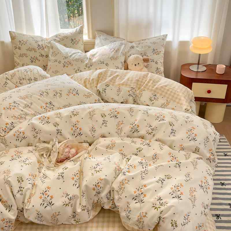 Gel Beds - ベッドリネンセット かわいい小花柄 純綿素材 活性染色 植物モチーフ 床単式 四件セット ピンク系 フラワーデザイン 柔らかい肌触り 吸湿性 通年使い 軽量 ベッドシーツ 枕カバー 掛け布団カバー