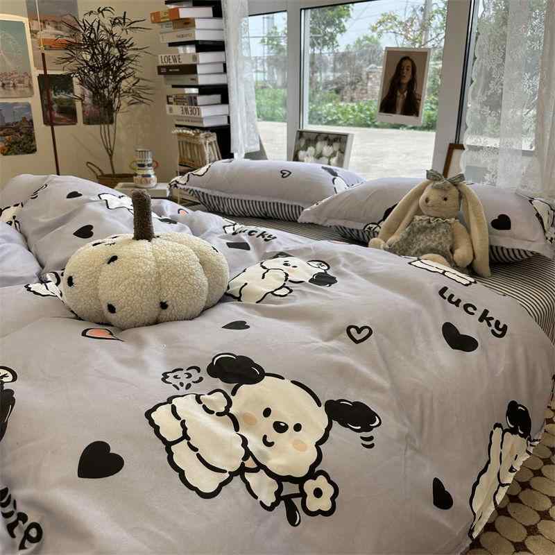 ベッドルーム ベッドシーツセット 4点セット 学生寮用 カードゥーガン グレー 犬柄 プリント 綿混紡 ポリエステル ふんわり加工 ダブルレイヤー 洗濯可能 通学 日常使い 軽量 快適 寝具 シーツ 枕カバー 掛け布団カバー ベッドカバー かわいい 動物