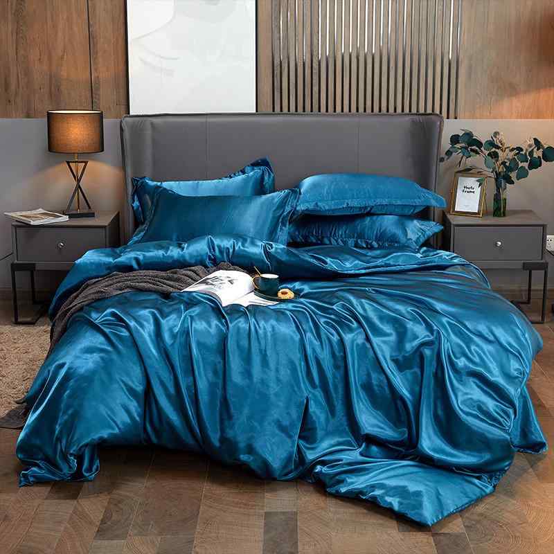 ベッドルーム 寝具 セット シングル 純色 模造絹 化繊 素材 現代 シンプル デザイン 床単 被套 枕套 四点セット エメラルドグリーン 真珠白 パリブルー スカイブルー アンバーグリーン ムーンライトブルー ネイビー シルバーグレイ ライトブルー ラ