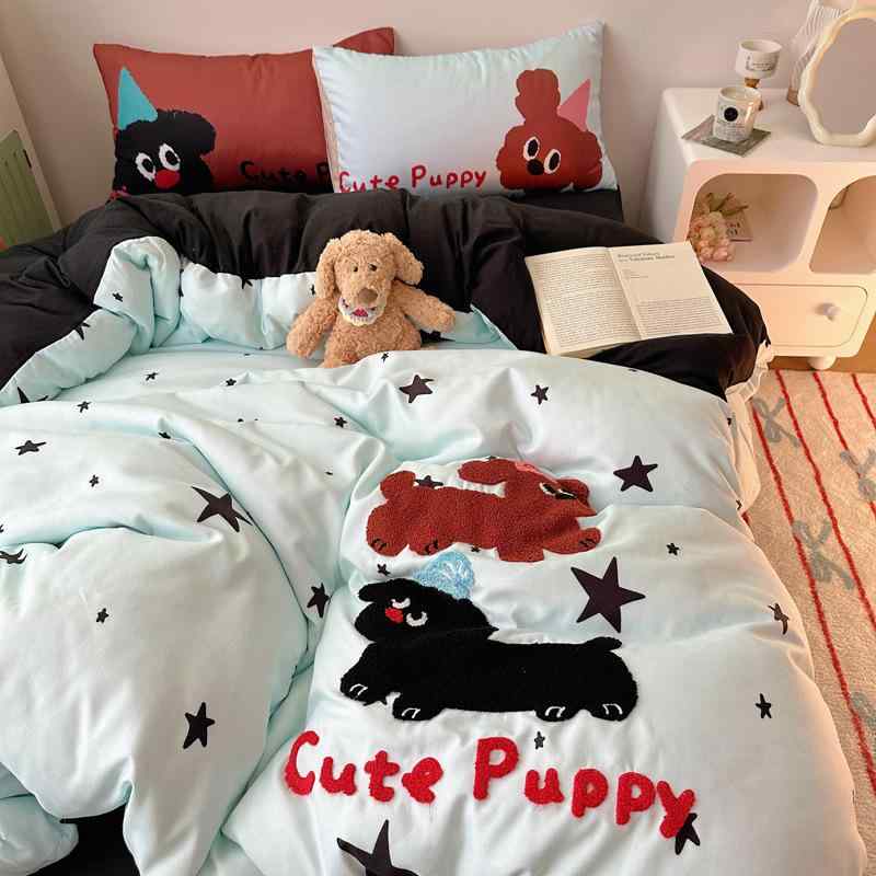 Gel Beds - ベッドルーム 寝具セット 子供用 学生向け 3点セット 4点セット 水洗い綿 ふわふわ加工 刺繍デザイン 接触冷感 吸湿速乾 軽量 通気性 かわいい カードーム 幾何学模様 ストライプ パターン ベッドシーツ 枕カバー ベッドカバー シングル ダブル サ