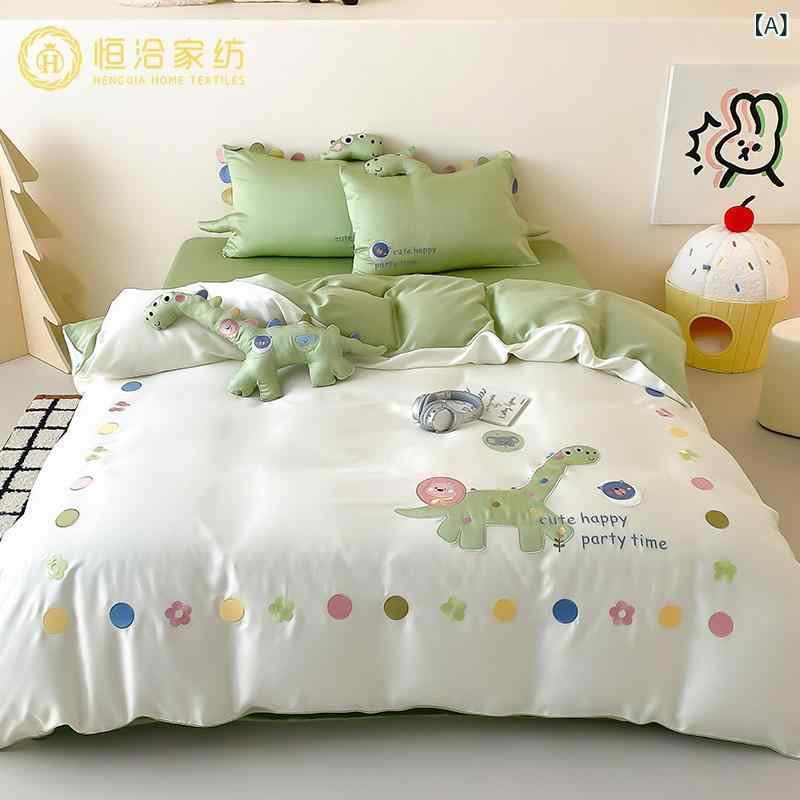 Gel Beds - キッズ ベッドカバーセット 男の子用 恐龍刺繍 かわいい 卡通柄 接触冷感 レイヨン素材 透気性 シーツ 枕カバー 緑色 シングルサイズ 夏用 通年対応 軽量 吸湿速乾 子供部屋用 楽しいデザイン 寝具