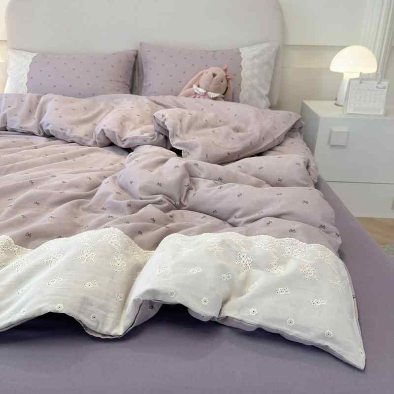 ベビー キッズ ベッドリネン セット 水洗綿 双層ガーゼ 法式レース 花柄 プリンセス スタイル かわいい 蝶結び 紫 海塩ブルー 米色 芋泥 波波 コットン 素材 柔らか 軽量 シングル ダブル サイズ 対応 寝具 4点セット 3点セット ベッドシーツ