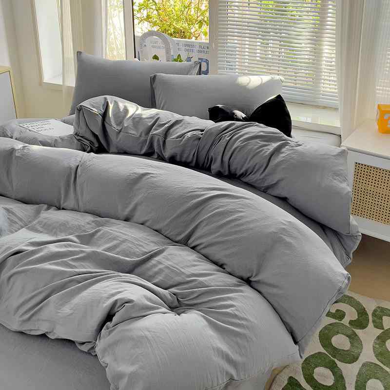 Bed - ベッドリネンセット 水洗綿 純色 ダブルカラー 超柔軟 磨毛加工 ベッドカバー シーツ フィットシーツ 枕カバー 四件套 学生寮向け ミルクホワイト ピンク 紫 グリーン イエロー ブルー グレー ベージュ 通年使用 軽量 肌触り抜群 寝室インテリア