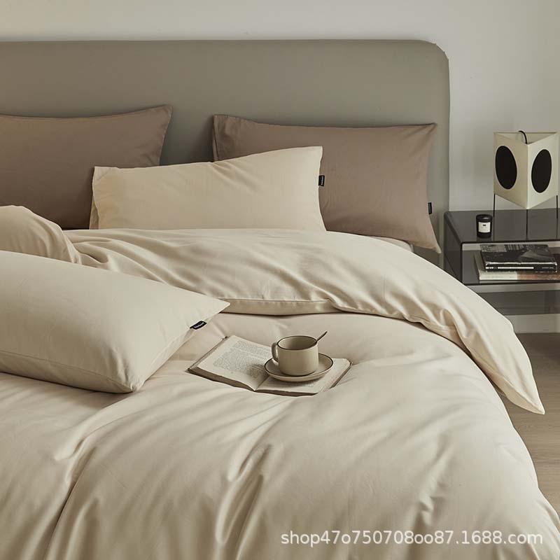 秋冬 ベッドルームセット 純綿 100S 高級感 加厚 磨毛加工 床単 被套 枕カバー 床笠 セット 活性印染 斜紋織り 軽量 暖か 通年 寝具 柔らかい 肌触り 良い 吸湿性 快適 ベッドシーツ クイーンサイズ キングサイズ ピーチパウダー グレー ブ