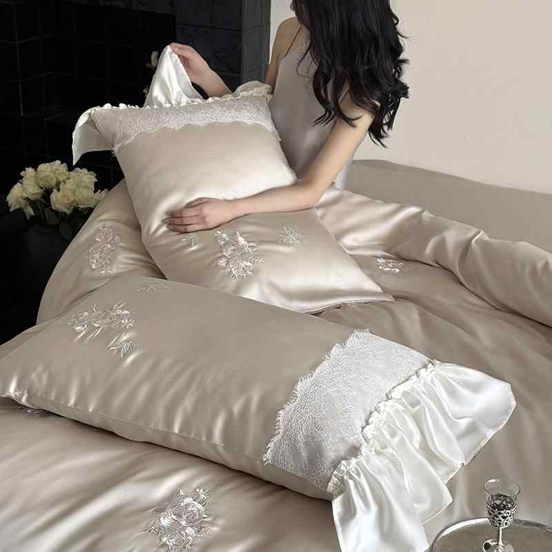 ベッドシーツ セット 女性用 夏用 接触冷感 ピンク系 ローズ 花柄 レース フラットシーツ 枕カバー クイーンサイズ セミダブル ラウンド 植物柄 活性プリント レイヨン 繊維 軽量 吸湿速乾 花柄プリント プリンセススタイル 通年対応