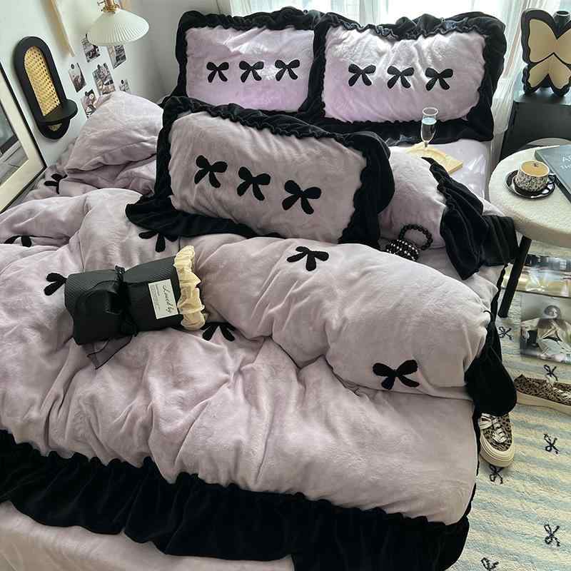 ベッドルーム プリンセススタイル フラワーエッジ ミルクフランネル ベッドシーツ セット 柔らか触感 暖か素材 活性プリント 水洗加工 キルティング ピュアカラー ベッドスカート タイプ ミルクパープル ピンクジェイド ミルクイエロー グリーン ミスティ