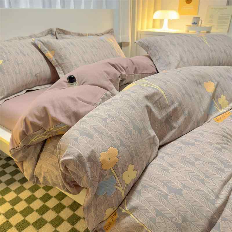 Gel Beds - 秋冬 加厚 磨毛 四件セット ベッドリネン 全コットン 保暖 機能 床シーツ 枕カバー 掛け布団カバー ベッドスカート 植物 花柄 幾何学 柄 コットン 素材 暖か 柔らかい 触感 四季 対応 寝具 セット 1.5畳 1.8畳 2.0畳 対応 保暖 保温