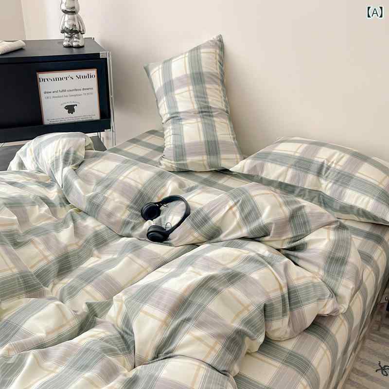 ベッドルーム セット 綿 100パーセント 4点セット 無印風 シンプル ストライプ チェック 学生寮 寝具 活性染色 斜紋織り グリーン調 柔らかい色合い 小さな柑橘柄 小さな騎士柄 ハート柄 格調高い 自由なスタイル ベッドシーツ 枕カバー 通年使用