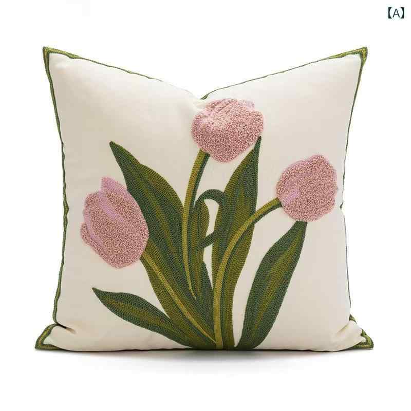 クッションカバー 刺繍 郁金香 柄 田園風 ピンク パープル イエロー オレンジ 赤 花柄 猫 プリント 帆布素材 45cm サイズ PPコットン 詰め物 寝室 ベッドサイド インテリア かわいい 植物 モチーフ 柔らか 日常使い 花卉 デザイン カラー 2