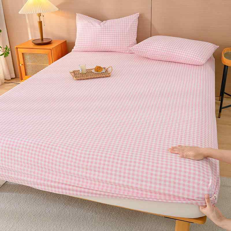 Sheets - ベッドパッド 保護カバー シングル サイズ 綿素材 化繊 防塵 防水 機能 四季通用 洗濯可能 現代 シンプル デザイン ピンク ストライプ チェック パターン グリーン ブルー カラーバリエーション 軽量 吸湿 速乾 快適 寝具 アクセサリー