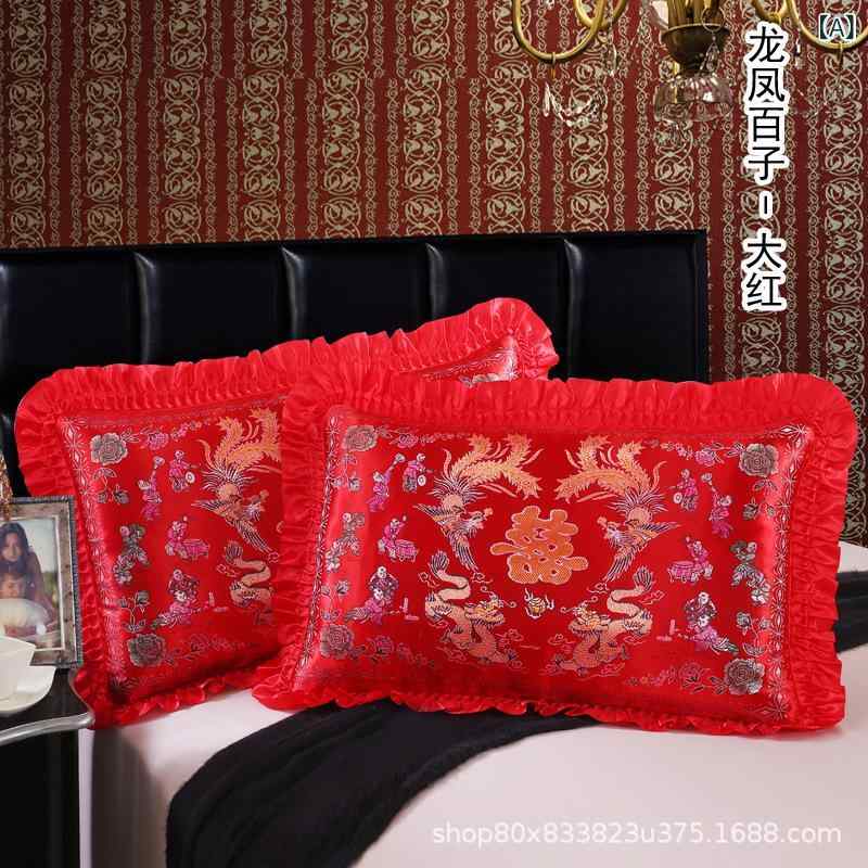 Pillow Cases - 枕套 ウェディング セット 杭州シルク 織り込み ジャカード 半活性プリント ナイロン 素材 龍鳳百子 大紅 緑 龍鳳双喜 大紅 緑 泥金 ピンク 牡丹全花 大紅 緑 泥金 ピンク 風景百子 大紅 緑 泥金 ピンク 銀灰 48x74cm サイズ 結婚祝い