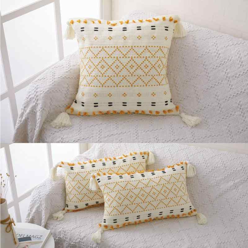 Futon Covers - 抱枕 ボヘミアン風 純棉 織り タッセル クッション カバー 腰枕 ソファー用 ベッドサイド ラウンジ 菱形パターン 黄色 黒 条紋 軽量 柔らかい 室内装飾 日常使い 通年 30x50cm 45x45cm