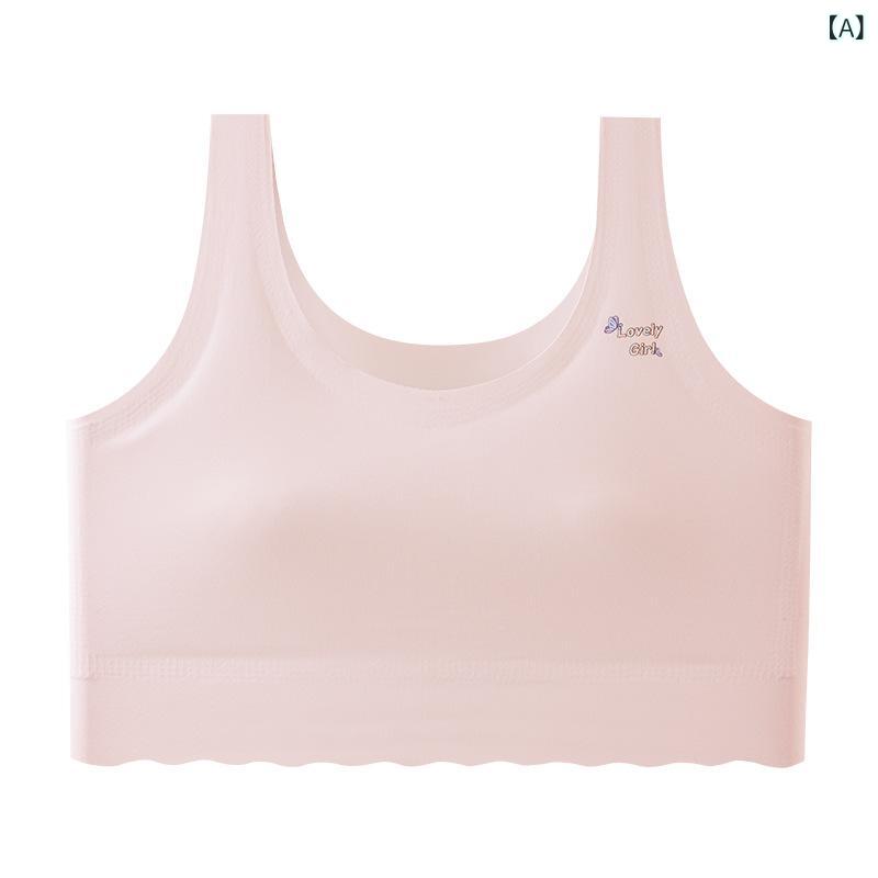 少女用 ジュニア ブラジャー 12-15歳向け 発育期 ジュニア用 キャミソール ブラ 固定カップ 全罩杯 ノンワイヤー 無鋼圈 固定肩ストラップ 透気性 防走光 快適 ナイロン素材 シンプル ナチュラル ピンク ホワイト ライトブルー ライトイエロー