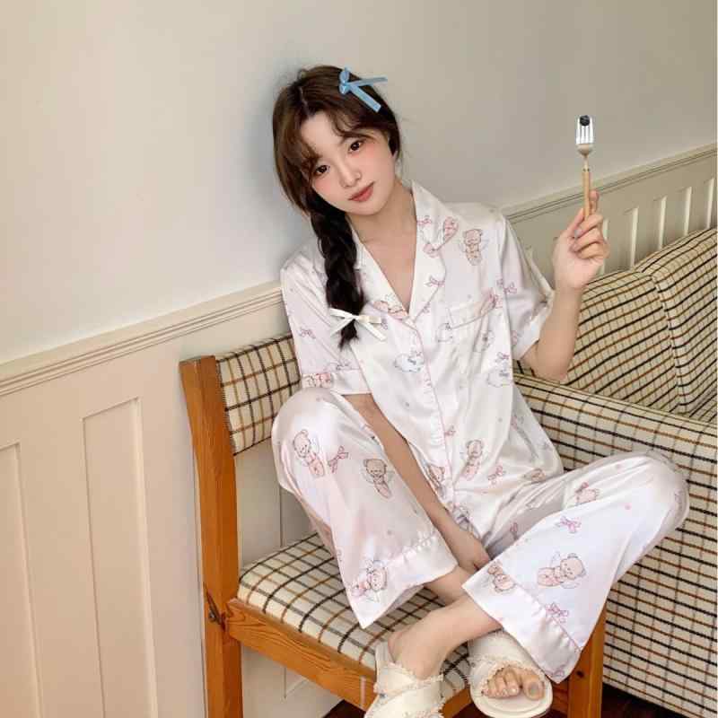 Other - パジャマ レディース 薄手 接触冷感 春夏 仙女風 かわいい 天使熊 プリント トップス 長ズボン セット 透気性 快適 涼快 室内着 リラックスウェア 寝間着 部屋着 ポリエステル 再生繊維 三分袖 翻領 長丈 ゆったりシルエット 軽量 通年対応