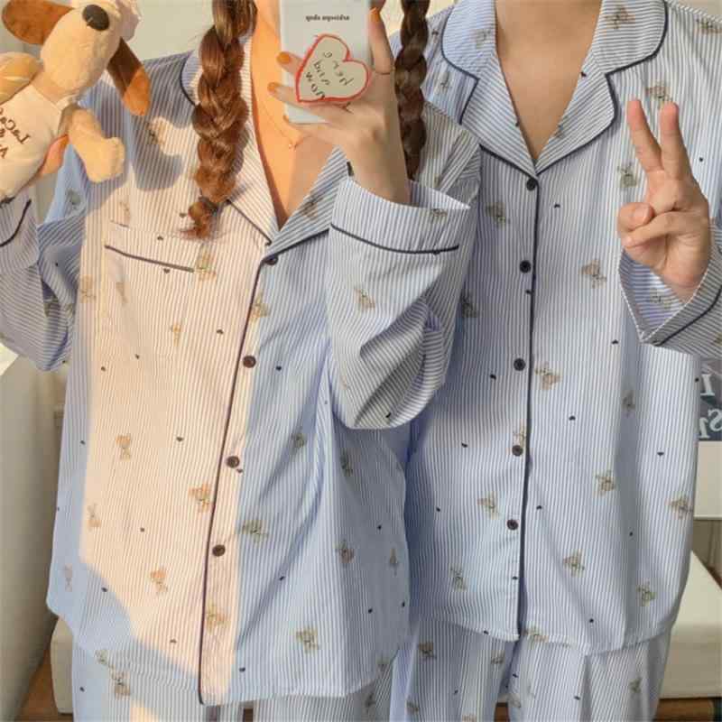 パジャマセット 女性用 男性用 春秋 長袖 長ズボン ゆったりストライプ 小熊柄 ホームウェア 居宅服 少女向け ポリエステル コットン調 中厚 フラップカラー 快適 ストリートスタイル 杏色 ブルー ユニセックス カジュアル 寝間着 リラックスウェア