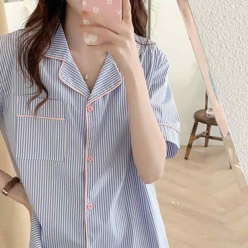 Other - 女性用 ルームウェア 夏 セット トップス 短パン 薄手 涤纶 ポリエステル プリーツ 加工 透気性 快適 プリンセス スタイル かわいい 少女 向け 休日 着 用 可能 外出 可 転領 半袖 短袖 プリント 柄 カード トゥーン 柄 コットン 風 素材