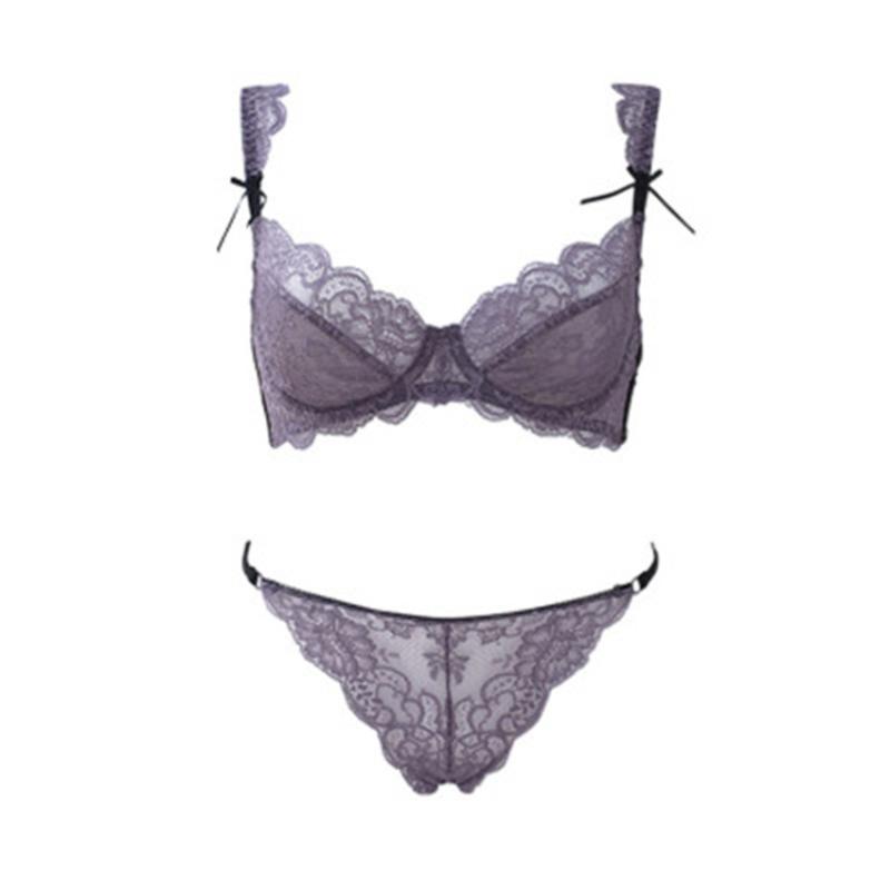 レディース ブラジャー セット 無墊 レース インナー ウェア 超薄 3/4カップ 固定肩紐 後ろ二重ホック ニット ナイロン ポリプロピレン セクシー スタイル ホワイト パープル ブラック ピンク ブラウン ベージュ 女性用 下着 セット 薄型 レー