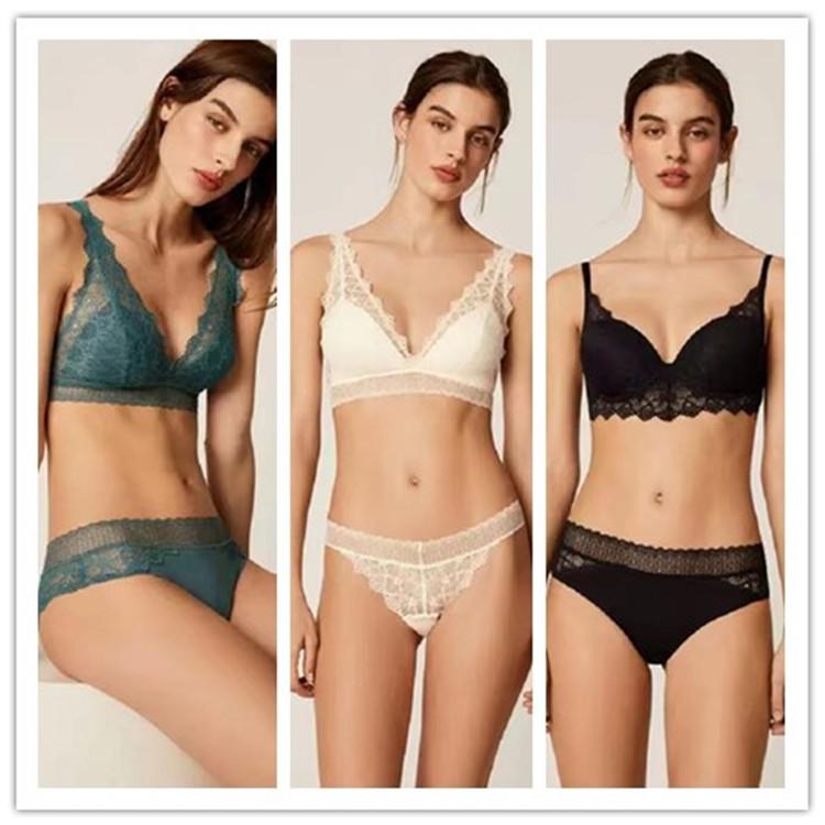 ブラ 女性用 無鋼圈 3/4カップ 薄型カップ セクシー レース 透け感 フレンチスタイル トリプルカップ インナー 軽量 夏向け セット 透気 快適 ニット コットン ライニング バックスタイル レースエッジ 固定ストラップ ブラック アイボリー グリ