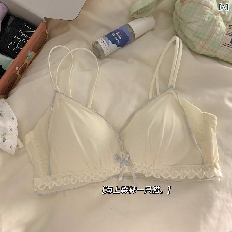 ブラ 女性用 小胸用 集める 無ワイヤー 快適 レース 少女向け 通気 夏用 薄手 セット メッシュ素材 側面サポート 三角カップ 薄模カップ 固定肩紐 後ろ3列フック 香槟カラー ホワイトカラー ブルーカラー ブラックカラー 純欲スタイル 乳膠面料 モ