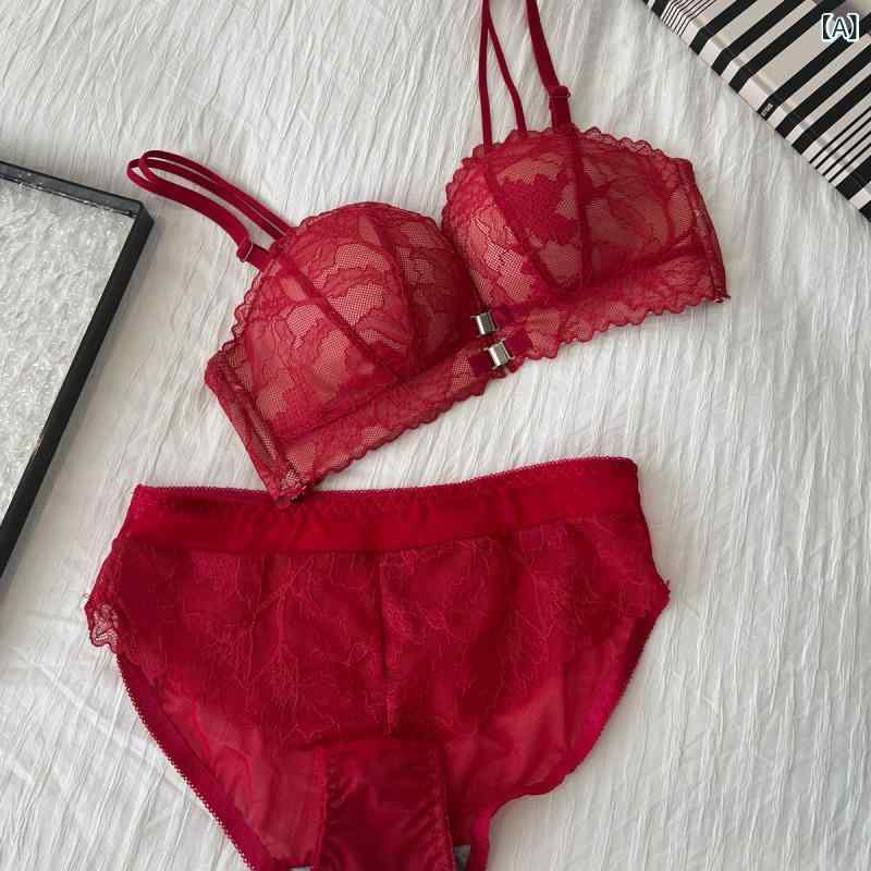 レディース ブラジャー セット レース デザイン 前ホック 美背 セクシー 無鋼圈 小胸 プッシュアップ ボリュームアップ ノーショルダー 滑り止め 無痕 透気性 吸汗 3/4カップ 上薄下厚 ニット素材 ブラック ワインレッド ベージュ 青年向け セク