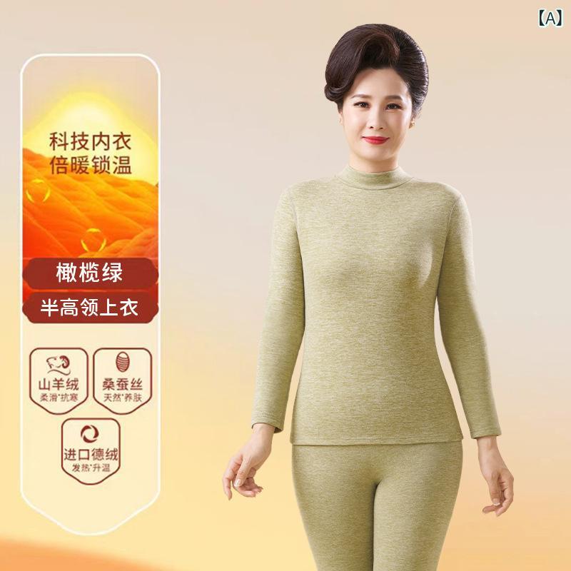 ・主な素材: 羊绒蚕丝・性別: 女性・柄: 無地・スタイル: 肌底衣/可外穿/打底衫・ネックライン: 半高領・層数: 単層・機能: 保暖・袖丈: 長袖・加绒: あり・カラー展開: 橄欖緑、卡其、蜜桃粉、気質黒、深咖、香芋紫、自然膚・サイズ展開: M（80-100kg）、L（100-115kg）、XL（115-130kg）、XXL（130-145kg）、XXXL（145-160kg）・生地厚さ: 厚（約251-300g/平方メートル）
