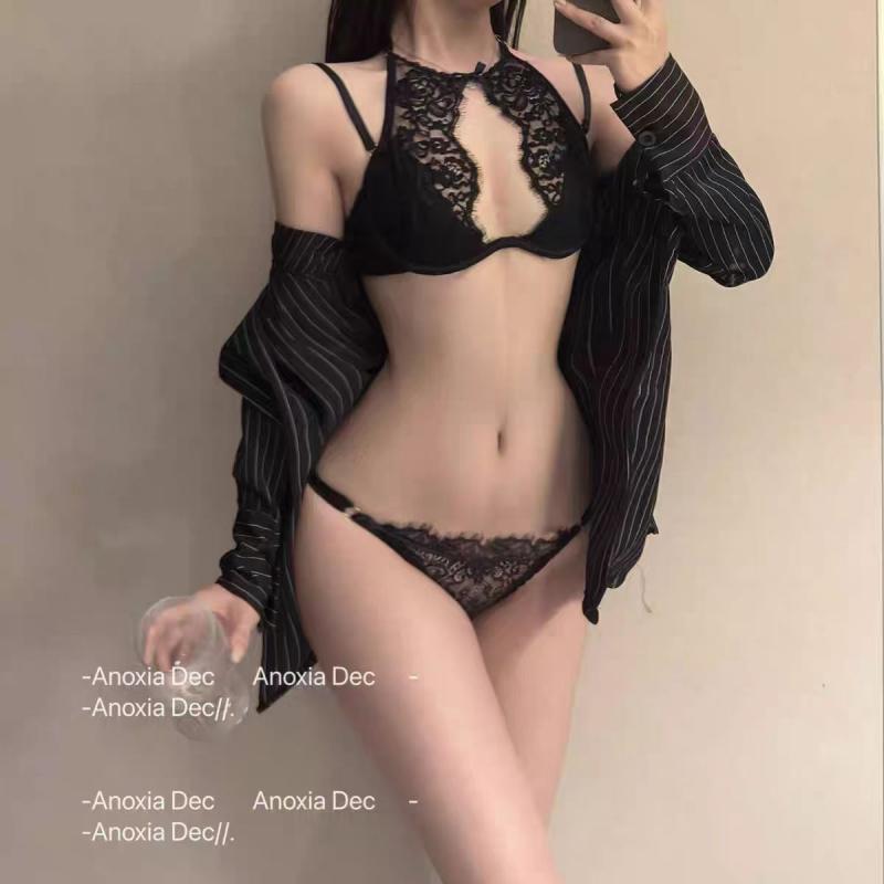 レディース ブラセット ハルターネック オープンバック レース まつげ 蝶結び インナー セクシー インナーウェア 情趣 ランジェリー トップス 薄パッド 三角カップ 固定ストラップ 後ろホック 快適 ポリエステル コットン ブラック ホワイト 春夏 豪